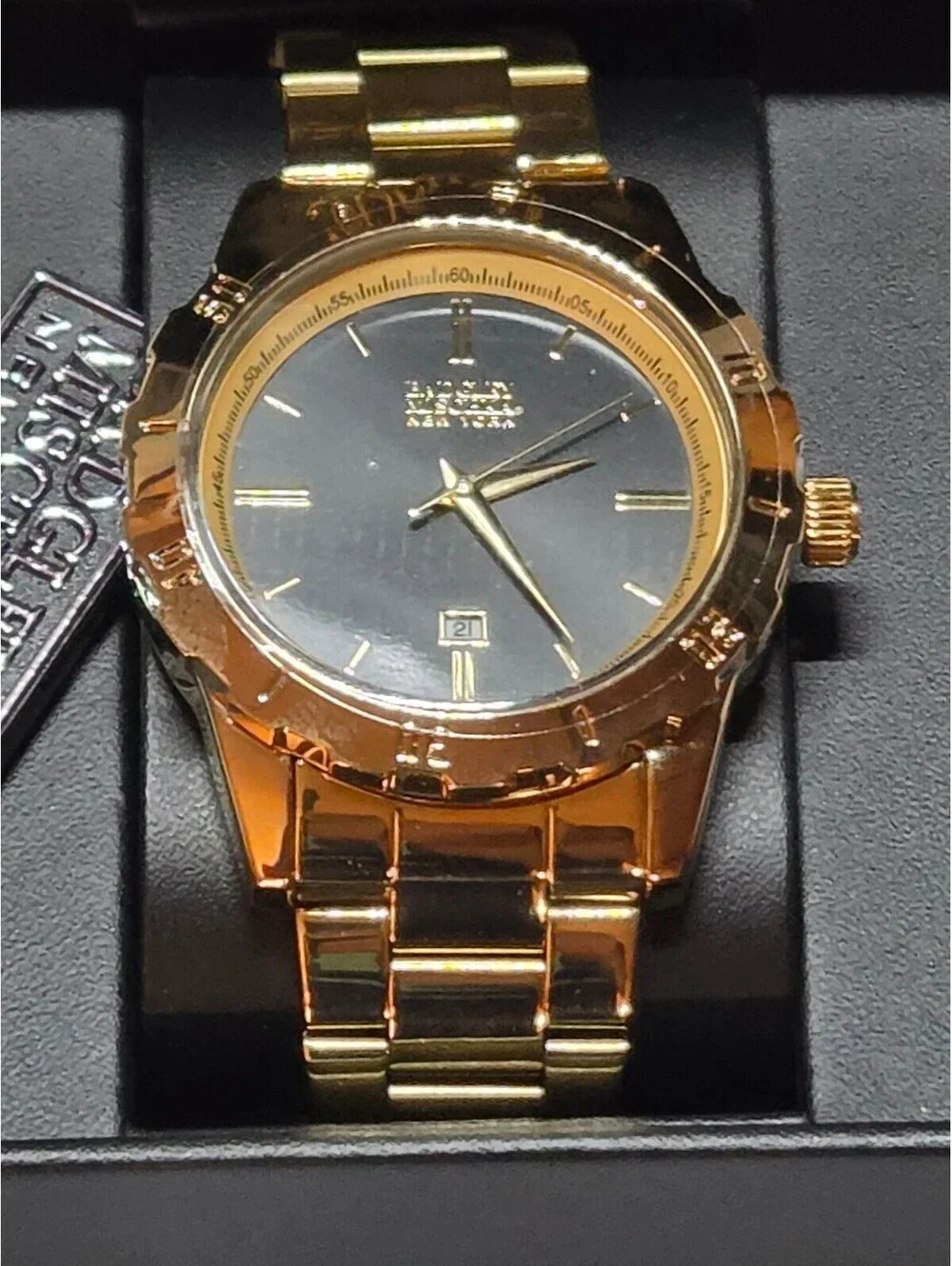 Badgley Mischka Mens Gold Tone Watch with Black Dial